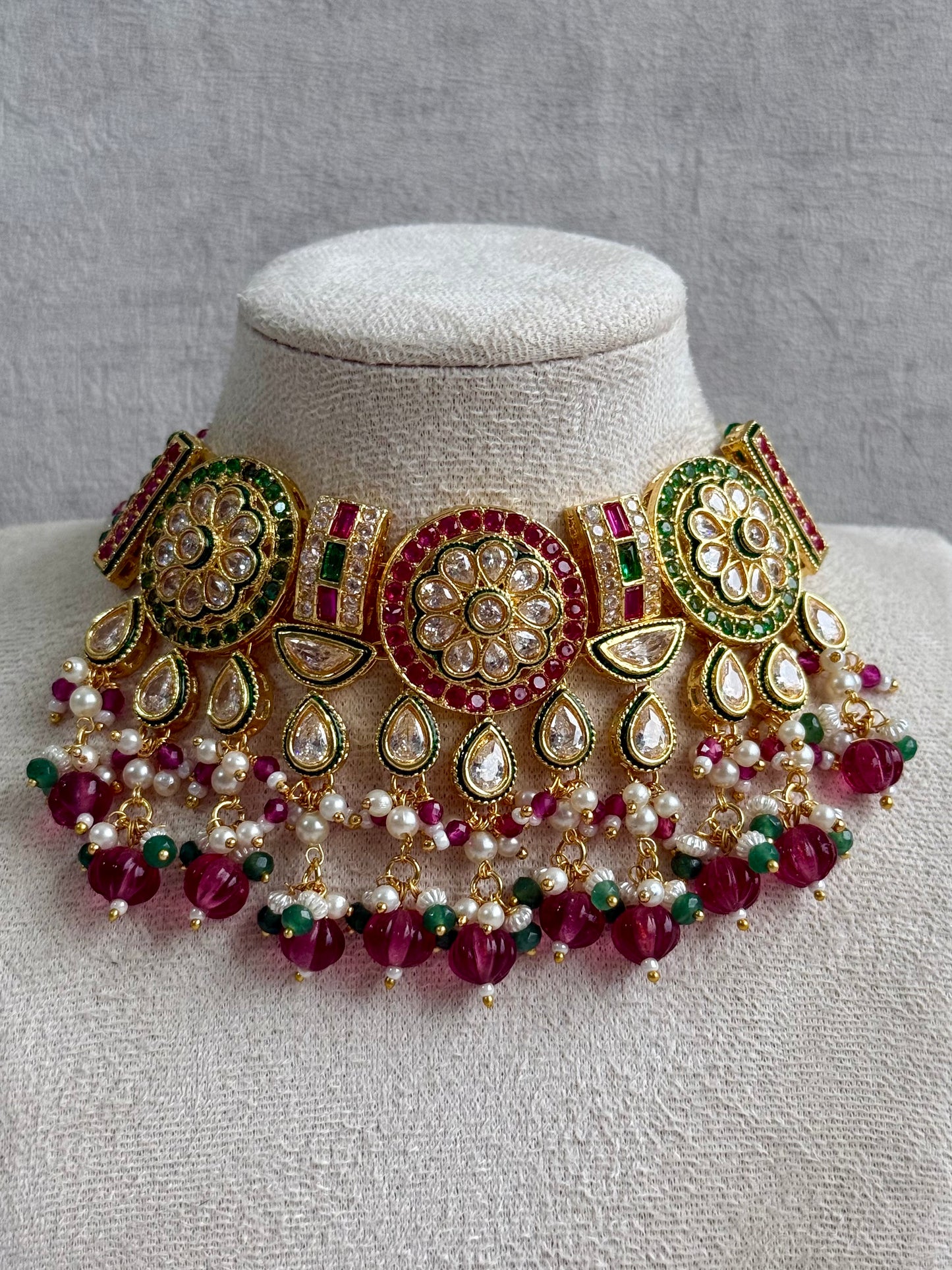 Ayura Designs Yasvi Set – Necklace & Earrings with Mirror-Cut Stones, Fuchsia Pink, Emerald Green & Pearl Detailing
