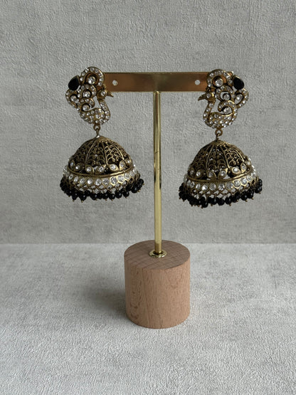 Ayura Designs Mayurika Jhumkis – Antique Gold Jhumkis with Crystal Stones, Black Beads & Peacock Motif