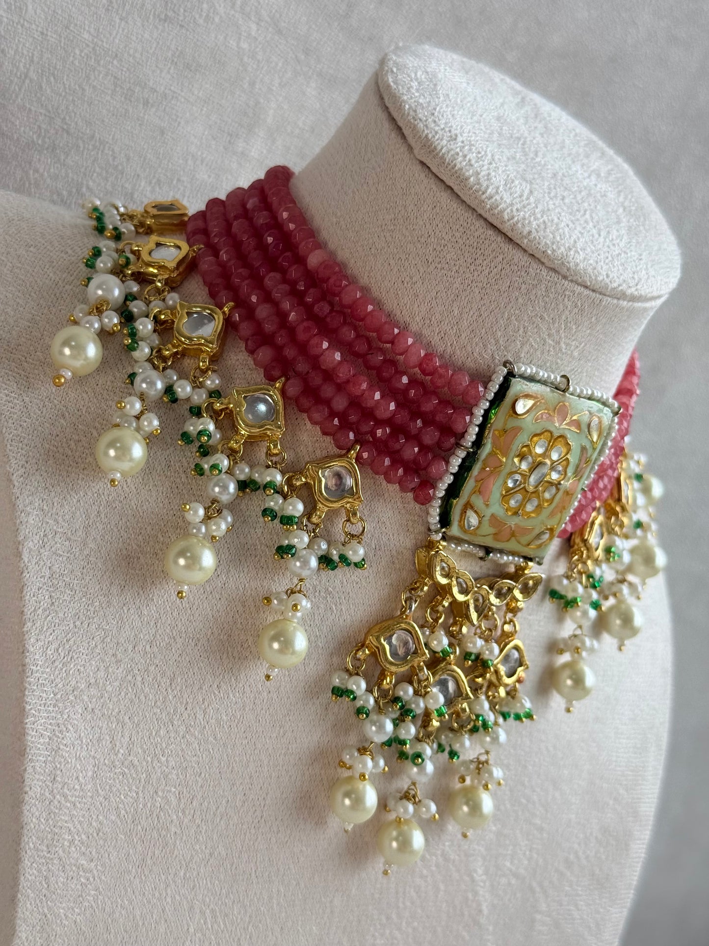 Ayura Designs Sabeera Meenakari Kundan Choker Set with Earrings – Blush Pink Beads & Pearl Detailing