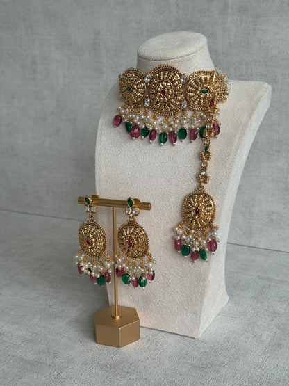 Ayura Designs Tanveer Choker Set with Earrings & Tikka – Antique Gold with Mirror-Cut Stones, Ruby & Emerald Beads