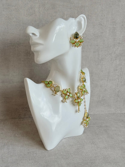 Ayura Designs Zaria Set with Tikka & Earrings – Prehnite with Pearls & Crystals