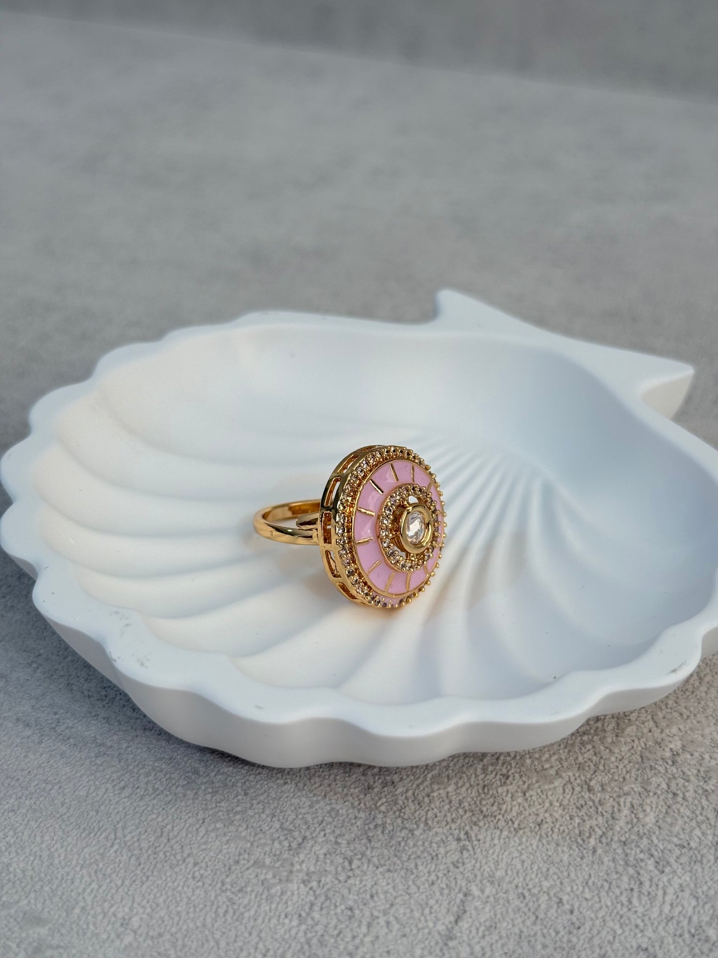 Ayura Designs Maisie Adjustable Ring – Blush Pink Enamel with Crystal Border & Moissanite Centre