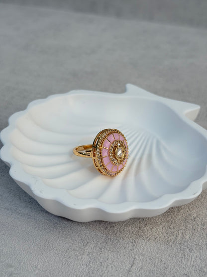Ayura Designs Maisie Adjustable Ring – Blush Pink Enamel with Crystal Border & Moissanite Centre