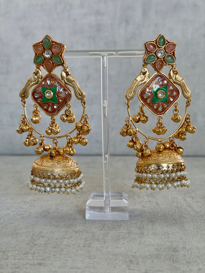 Ayura Designs Farida Earrings – Brass Jhumka Earrings with Pastel Green & Blush Pink Enamel, Bird Motifs and Pearl Dangling Drops