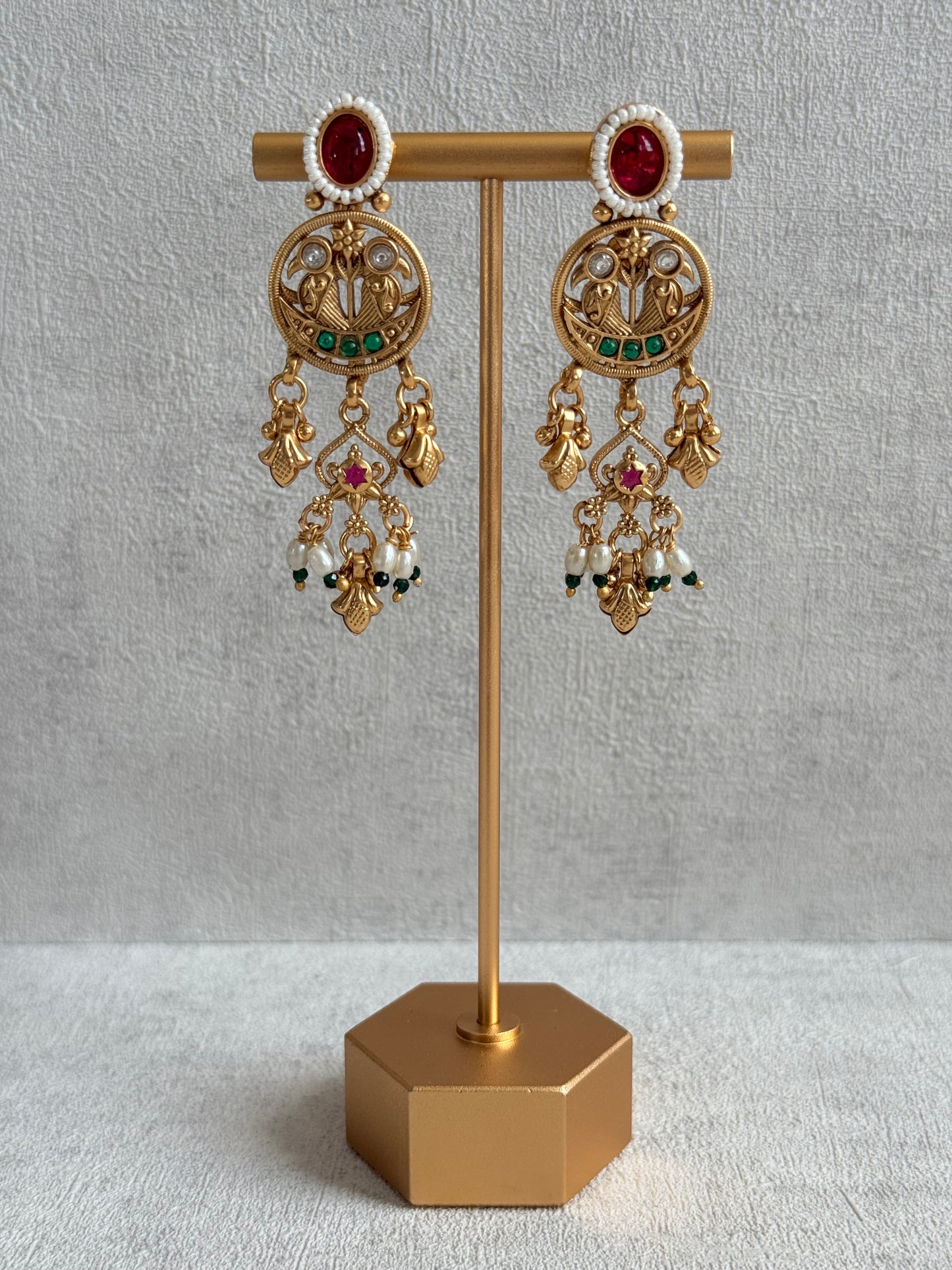 Ayura Designs Parchhai Necklace Set with Earrings – Rose Pink, Ruby Red & Emerald Green Stones, Bird Motifs & Pearl Detailing