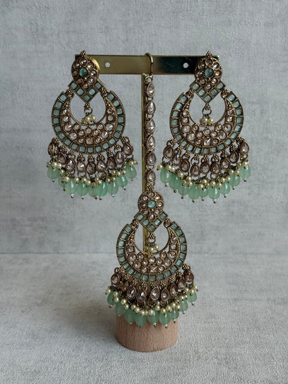 Ayura Designs Sajda Bridal Set with Necklace, Earrings, Tikka & Passa – Pistachio Green Beads, Kundan & Mirror-Cut Detailing