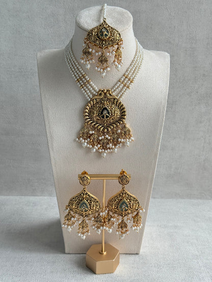 Ayura Designs Afia Necklace Set with Earrings & Tikka – Antique Gold, Ivory Pearls, Green Centre Stone & Peacock Motifs