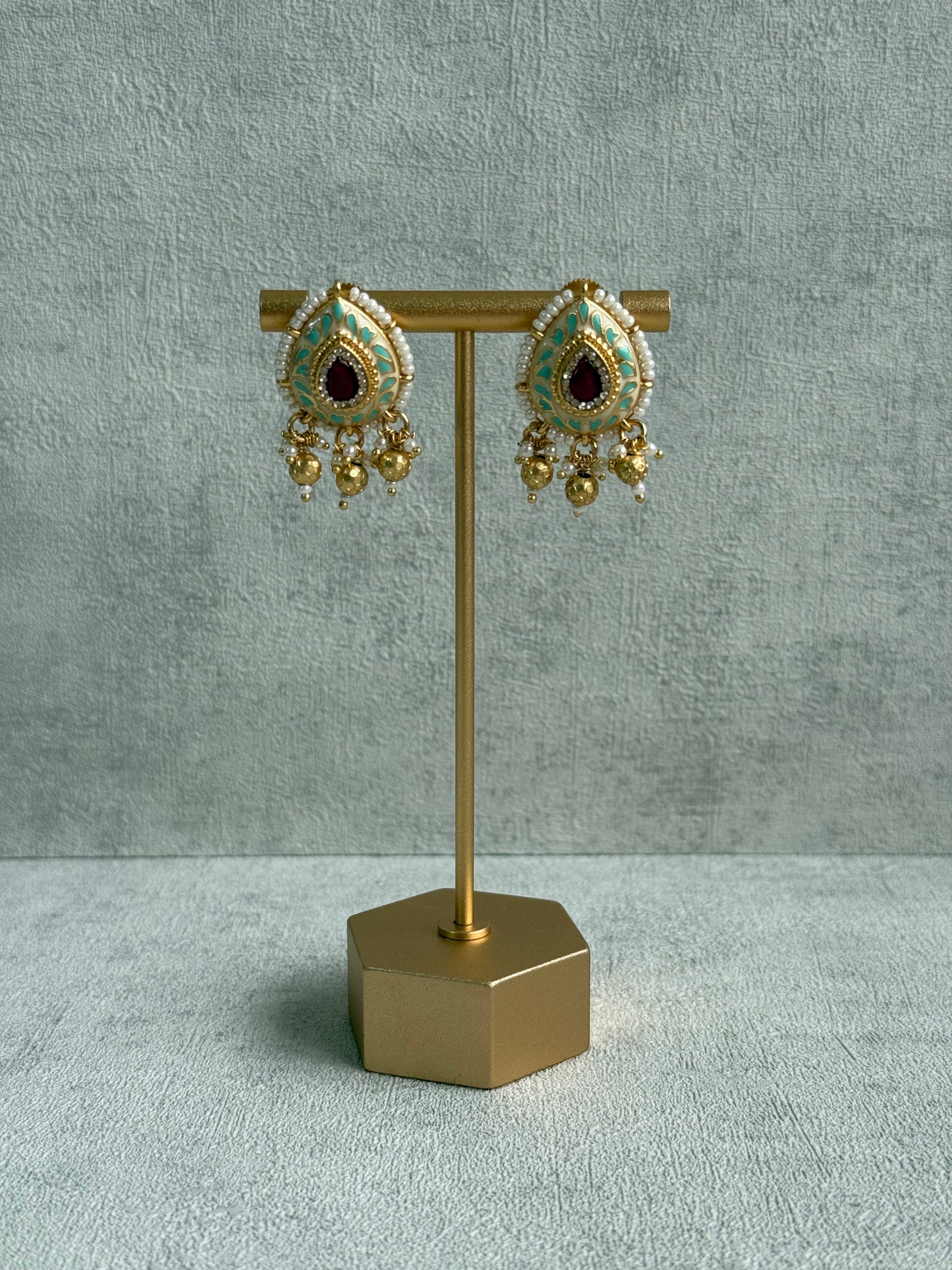 Ayura Designs Aaira Set with Necklace & Studs – Mint Green Meenakari with Rani Pink Centre & Pearl Detailing