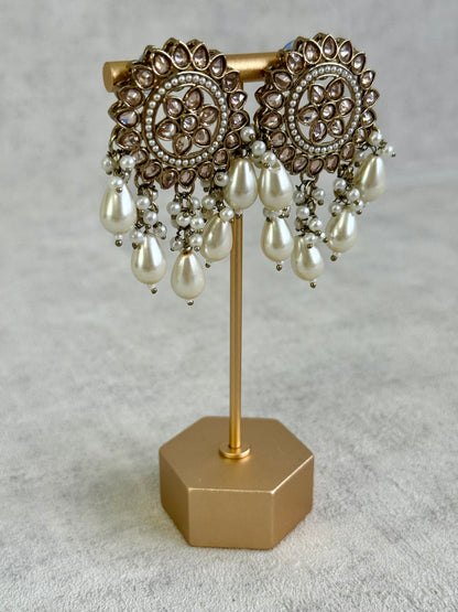 Ayura Designs Aynoor Lotus Ring Earrings – Antique Gold Finish with Mirror-Cut Stones & Pearl Drops