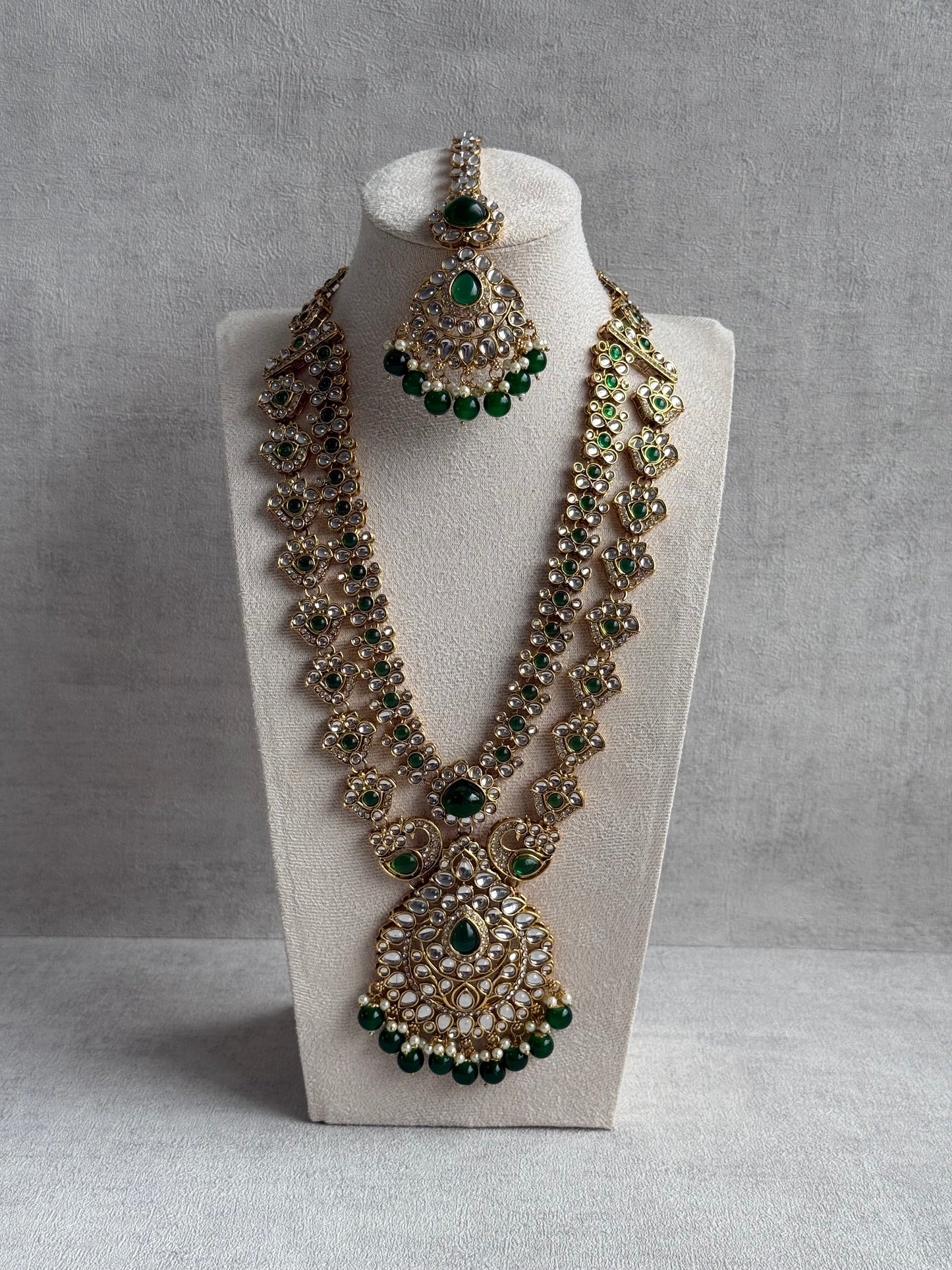 Ayura Designs Javeria Set with Earrings & Tikka – Emerald Green Stones, Mirror Kundan & Gold Finish