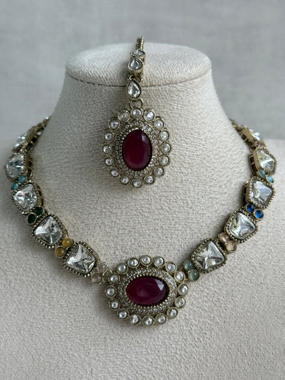 Ayura Designs Inza Necklace Set – Rani Pink, Multicolour Stones, Kundan & Crystals with Antique Gold Finish