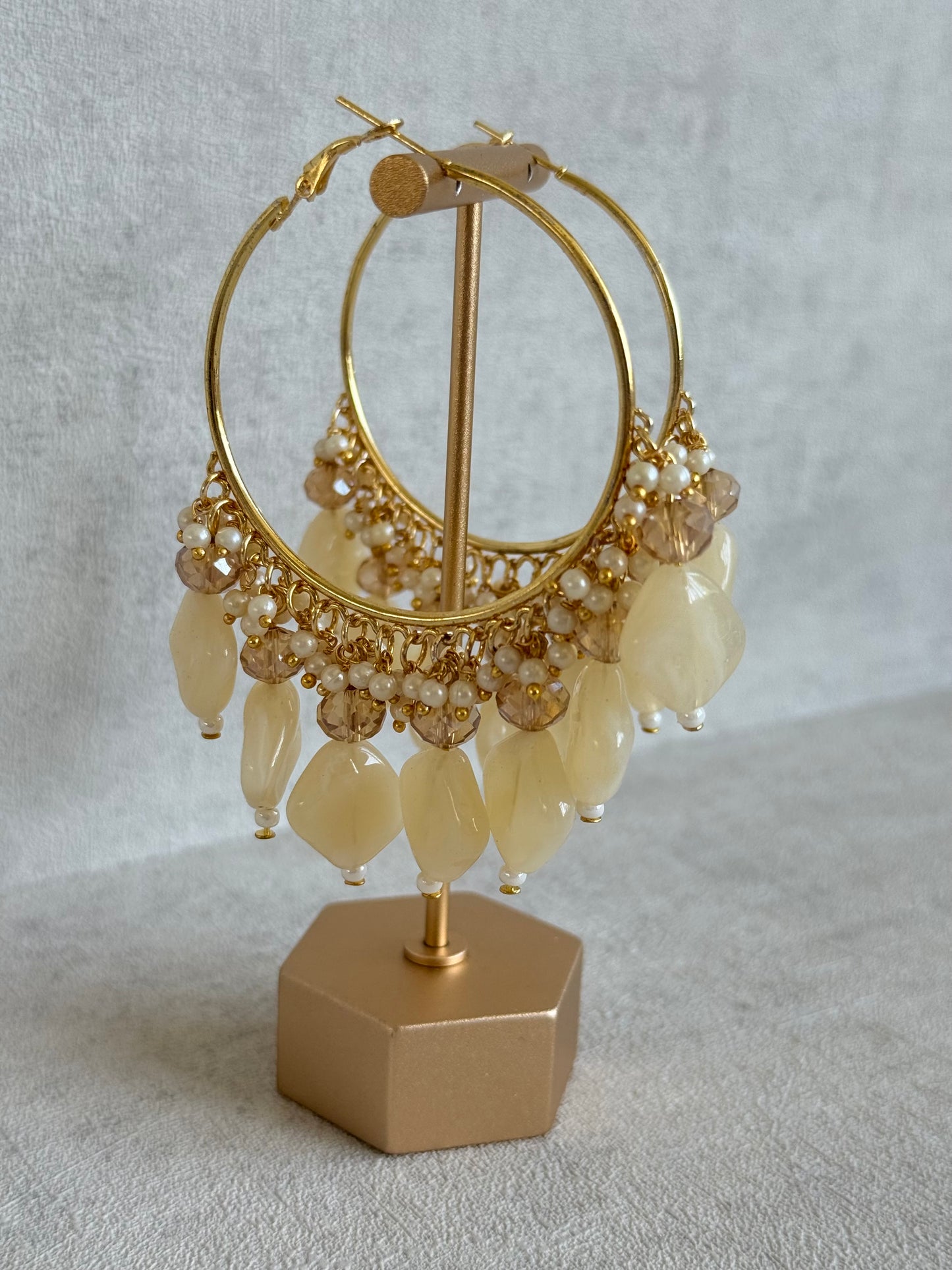 Ayura Designs Heer Balis – Gold Hoops with Ivory Pearl Marble Beads, Pearls & Crystal Detailing