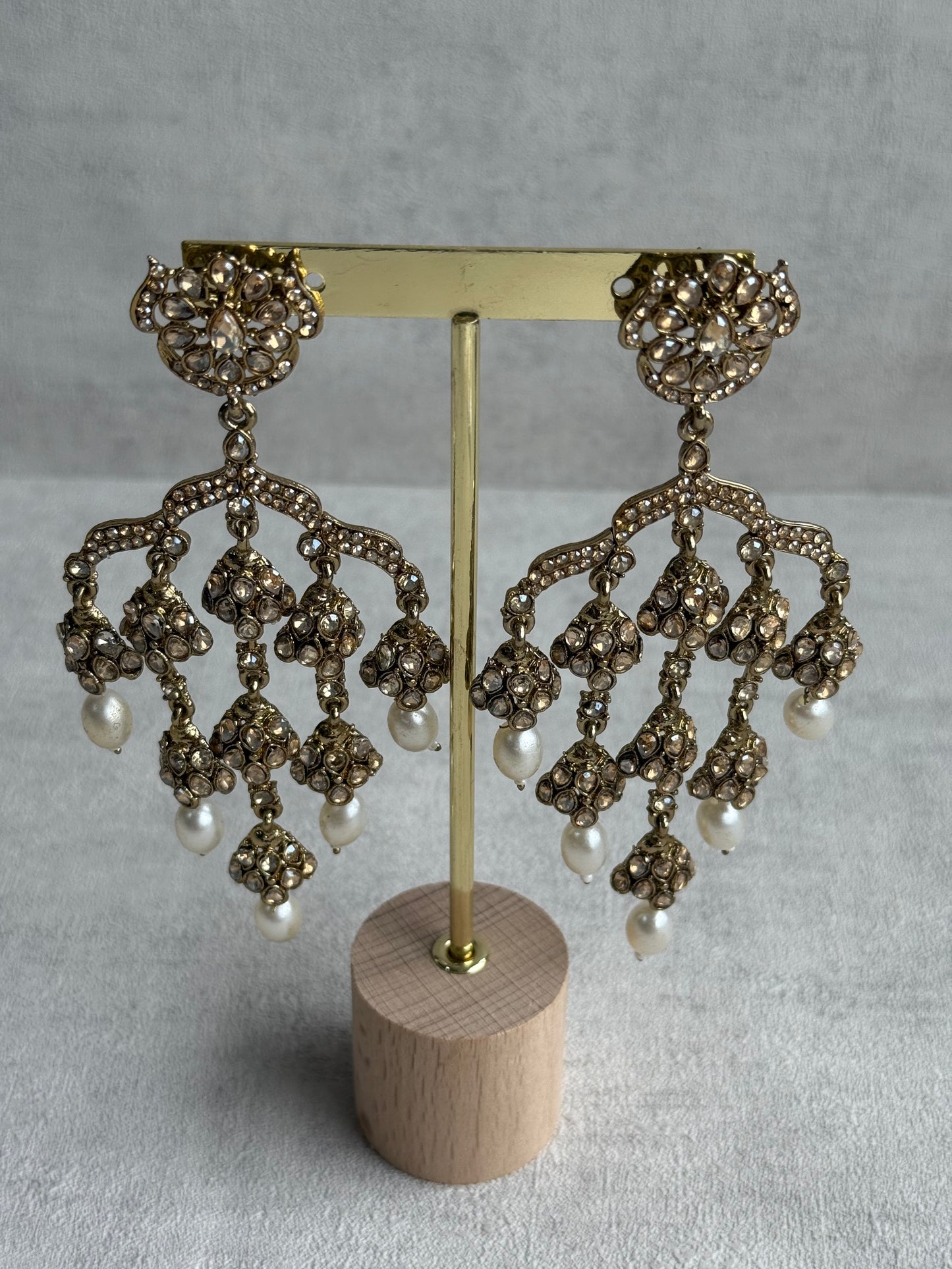 Ayura Designs Jasmine Earrings – Chandelier Earrings with Ivory Pearl Drops & Antique Gold Detailing