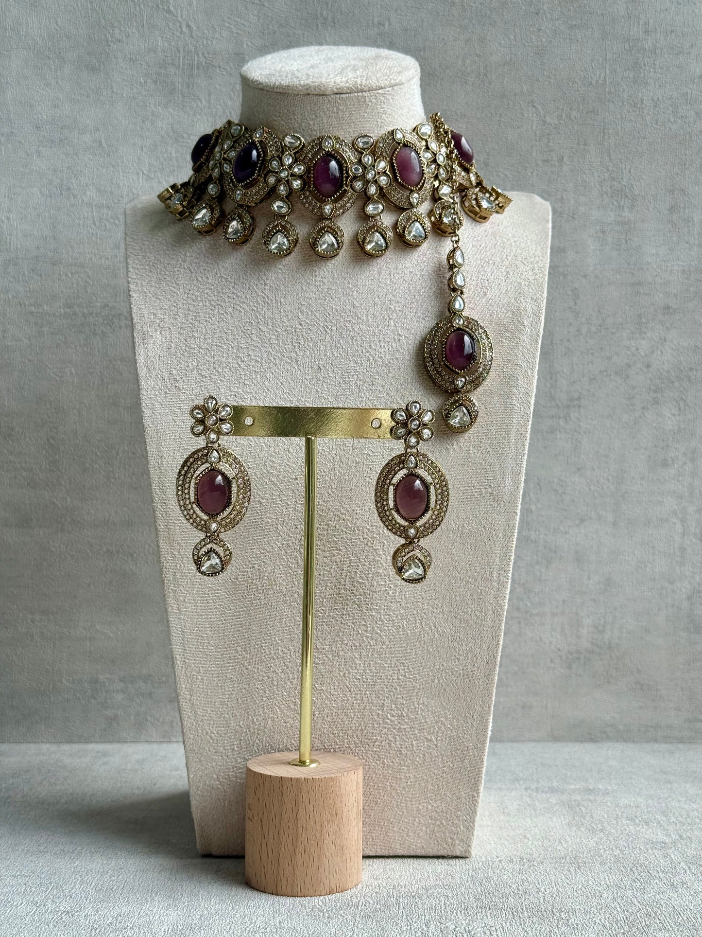 Ayura Designs Emanya Choker Set – Choker, Earrings & Tikka with Mirror-Cut Stones, Plum Mauve & Antique Gold Detailing