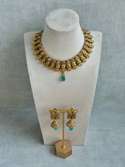 Ayura Designs Aima Necklace Set with Earrings – Antique Gold with Blush Pink & Aqua Green Stones