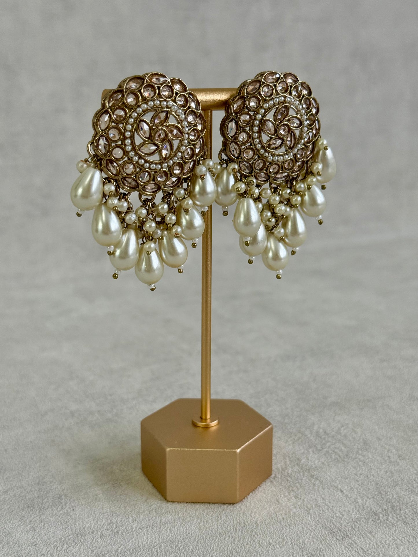 Ayura Designs Aynoor Petal Frame Earrings – Antique Gold Finish with Mirror-Cut Stones & Pearl Drops