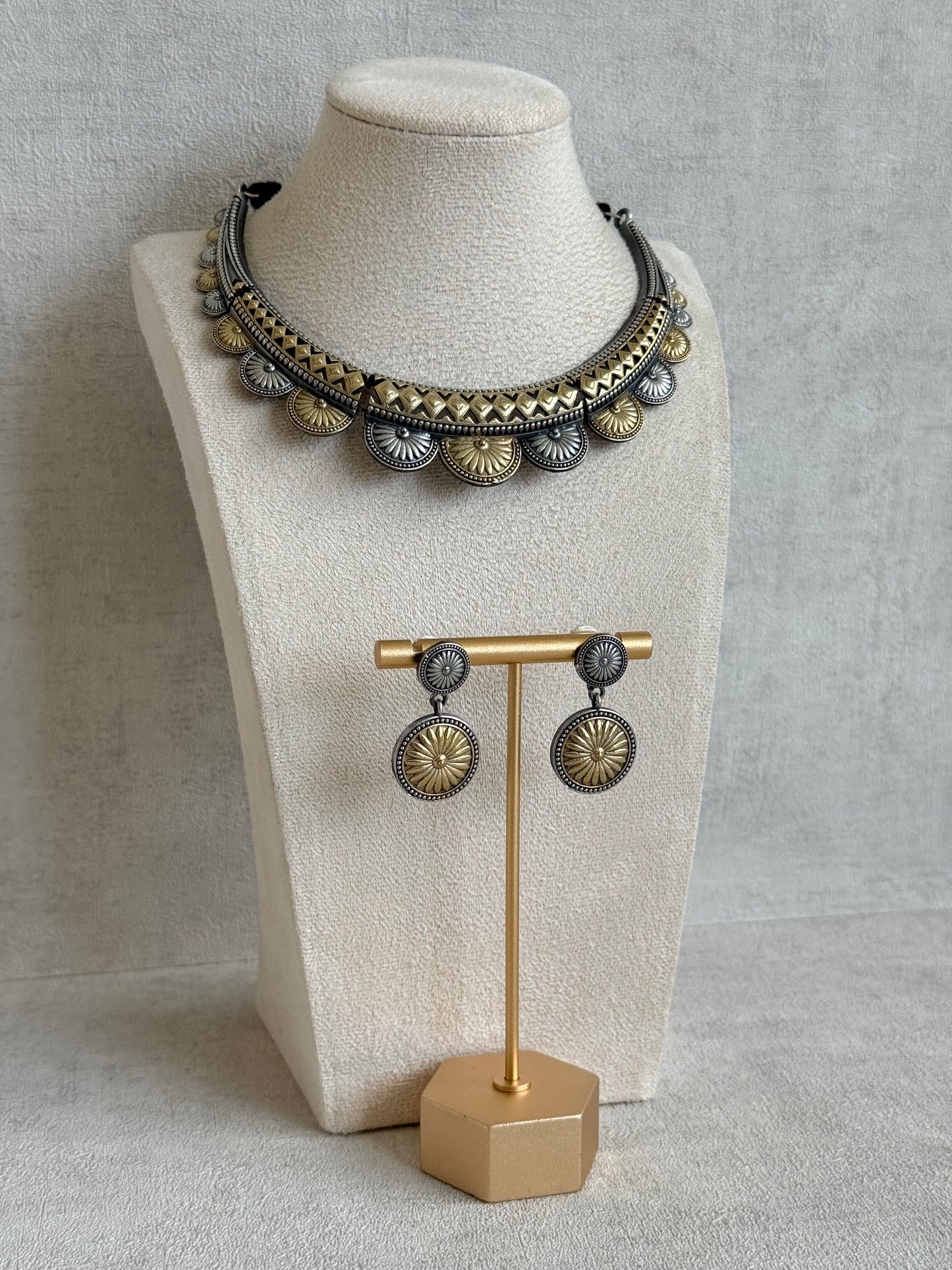Ayura Designs Surmai Necklace Set with Earrings – Dual Tone Oxidised Necklace with Disc Motifs & Geometric Detailing