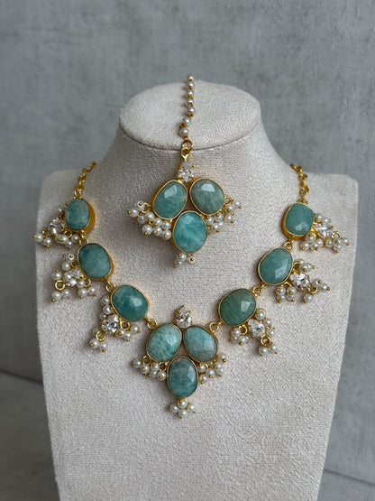 Ayura Designs Anahita Set with Tikka & Earrings – Amazonite, Crystals & Pearls
