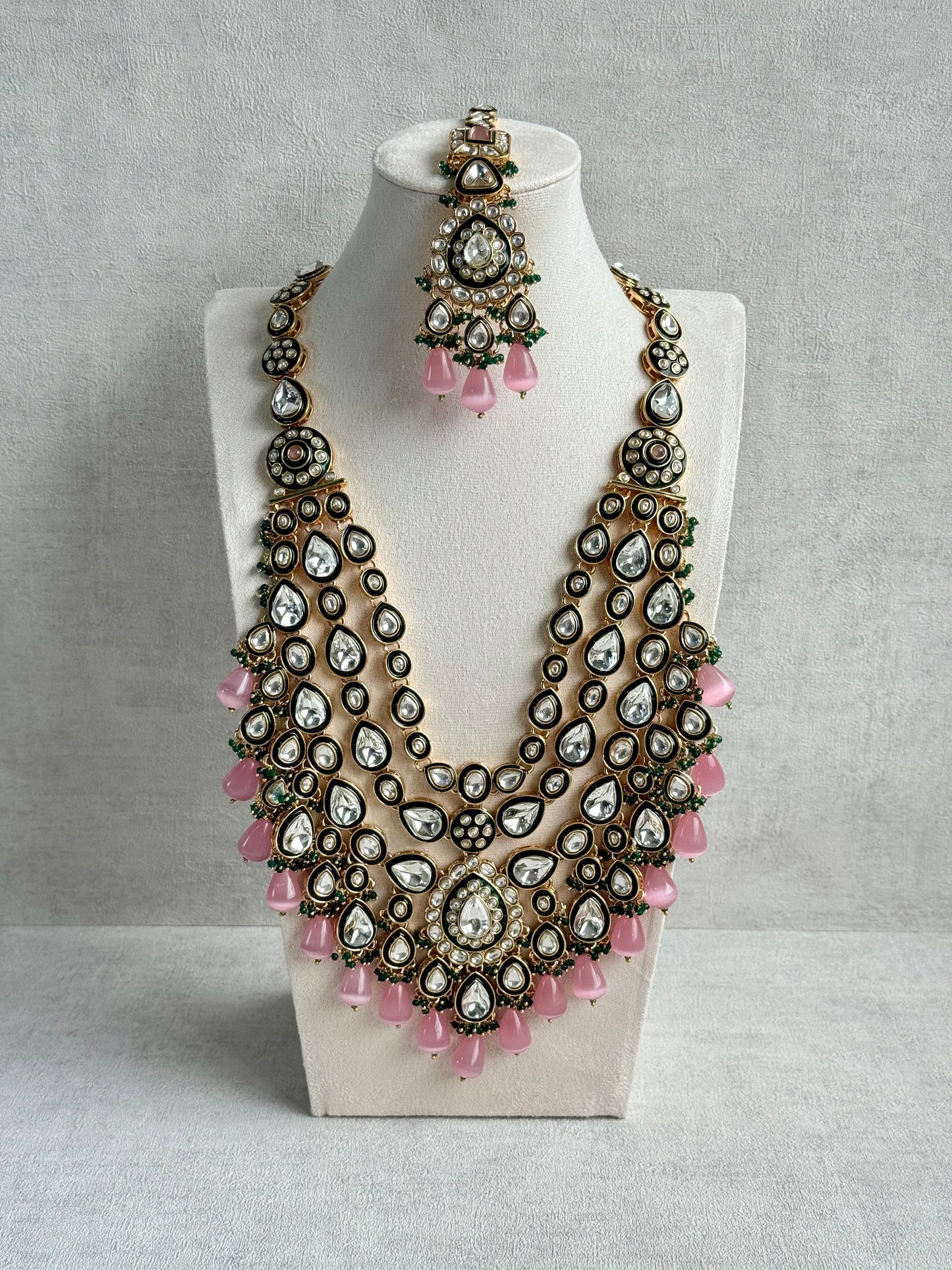 Ayura Designs Zahira Bridal Set with Necklace, Earrings & Tikka – Kundan Detailing with Blush Pink Drops, Green Enamel & Green Bead Accents