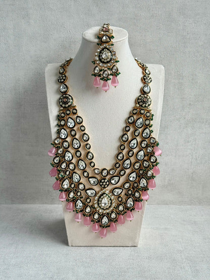 Ayura Designs Zahira Bridal Set with Necklace, Earrings & Tikka – Kundan Detailing with Blush Pink Drops, Green Enamel & Green Bead Accents