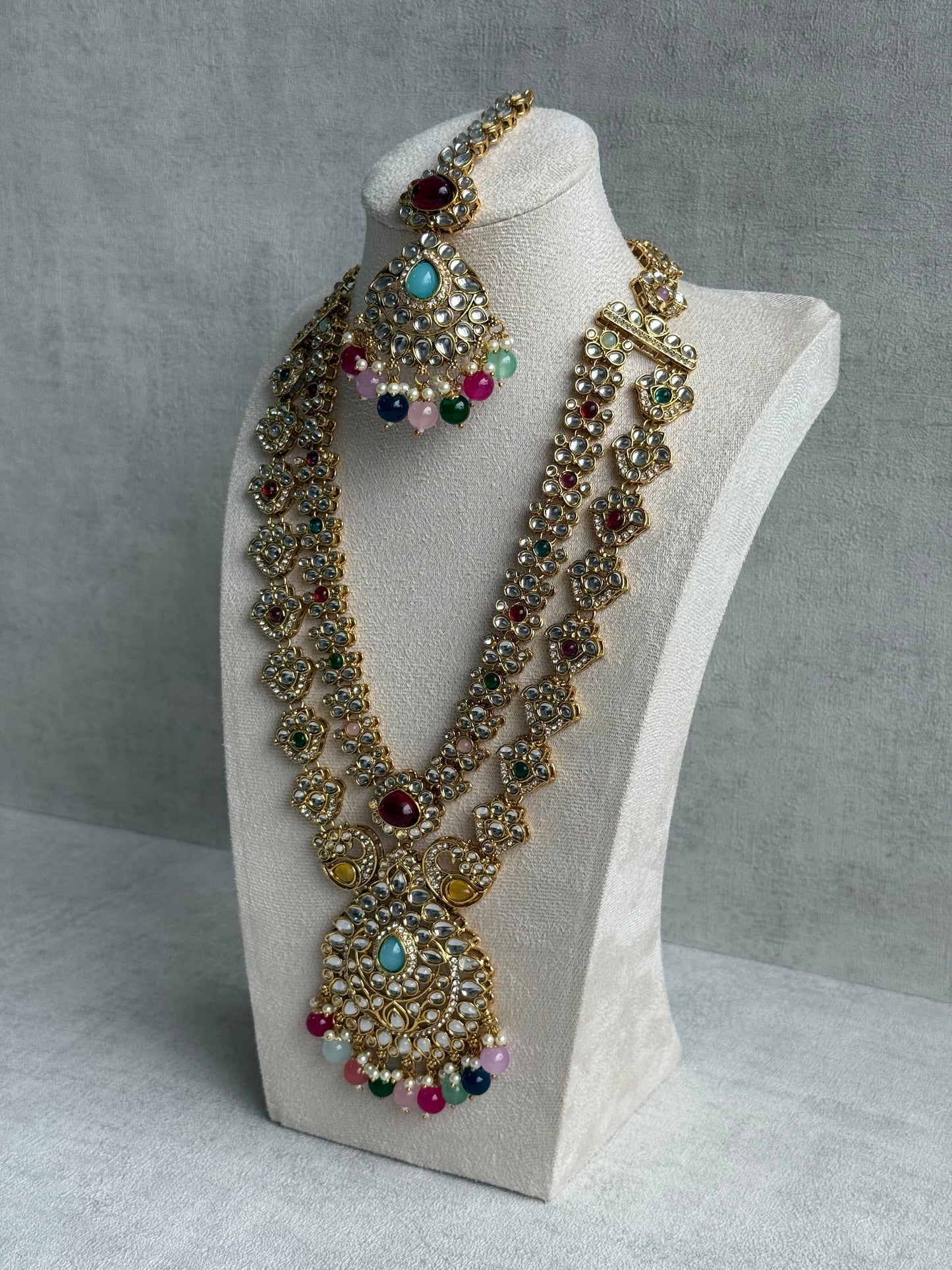 Ayura Designs Javeria Set with Earrings & Tikka – Multicolour Beads, Mirror Kundan & Gold Finish