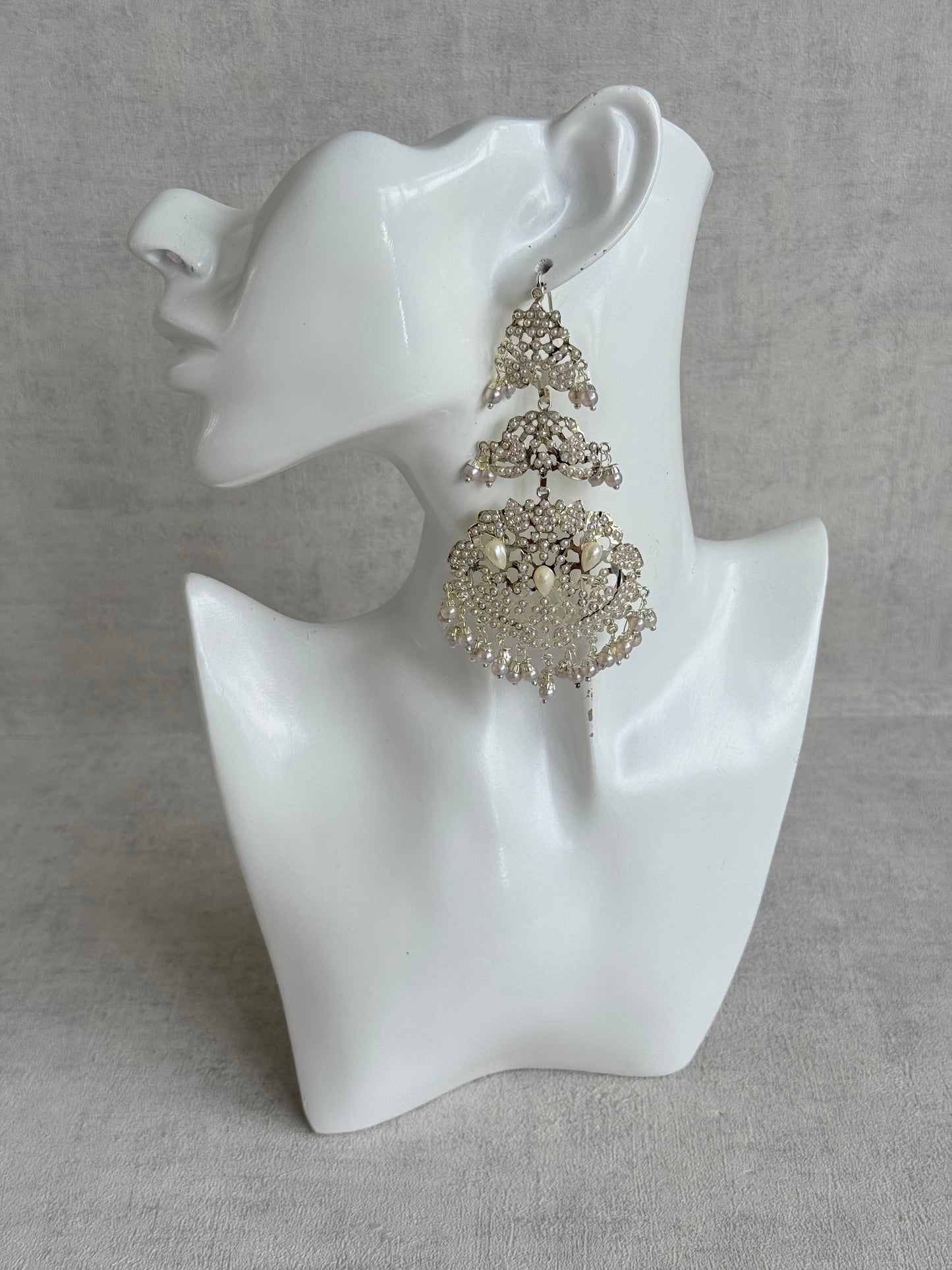 Ayura Designs Zarrar Earrings – Silver Jadau Filigree Statement Earrings with Pearl Drops