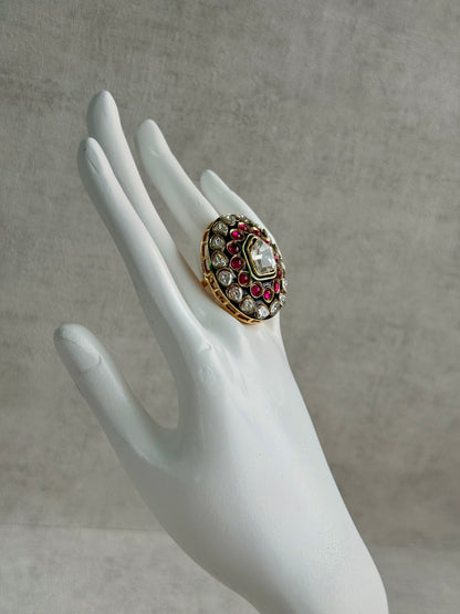 Ayura Designs Lara Adjustable Ring – Mirror-Cut Statement Ring with Ruby Pink Stones & Green Enamel Detailing