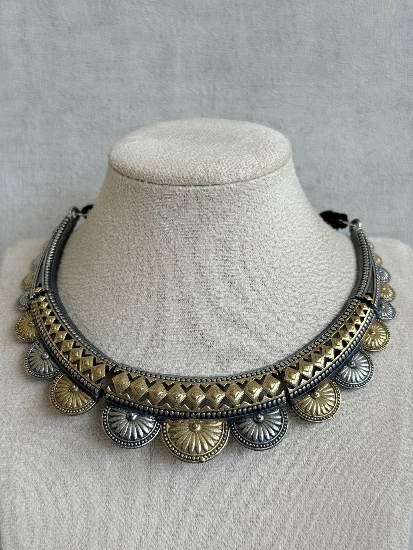 Ayura Designs Surmai Necklace Set with Earrings – Dual Tone Oxidised Necklace with Disc Motifs & Geometric Detailing