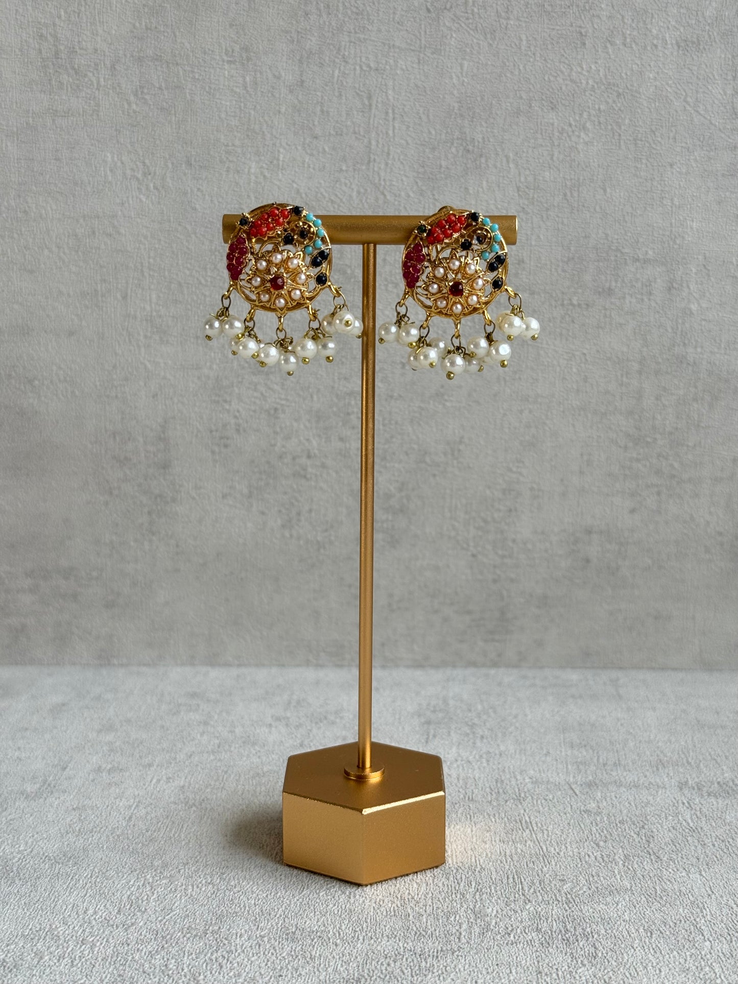 Ayura Designs Rasya Stud Earrings – Multicolour Stones with Pearl Drops & Gold Detailing