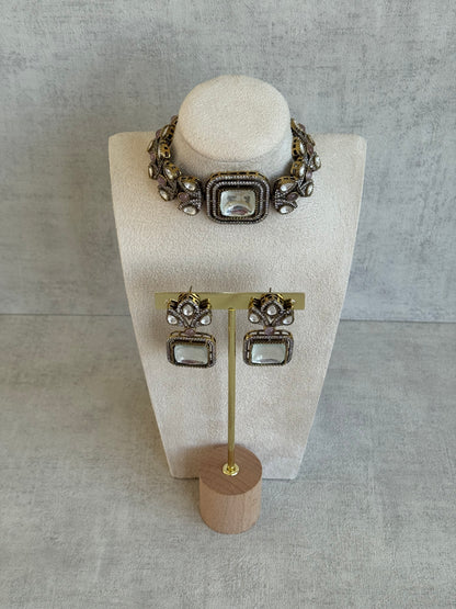 Ayura Designs Freya Choker Set with Earrings – Blush Pink Accents & Moissanite Stones in Antique Gold