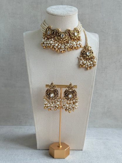 Ayura Designs Sneha Choker Set with Earrings & Tikka – Ivory Beads, Layered Pearl Detailing, Ghungroos & Antique Gold Finish