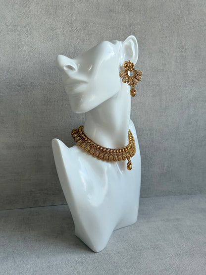 Ayura Designs Chirag Necklace Set with Earrings – Matte Gold Textured Dome Drops