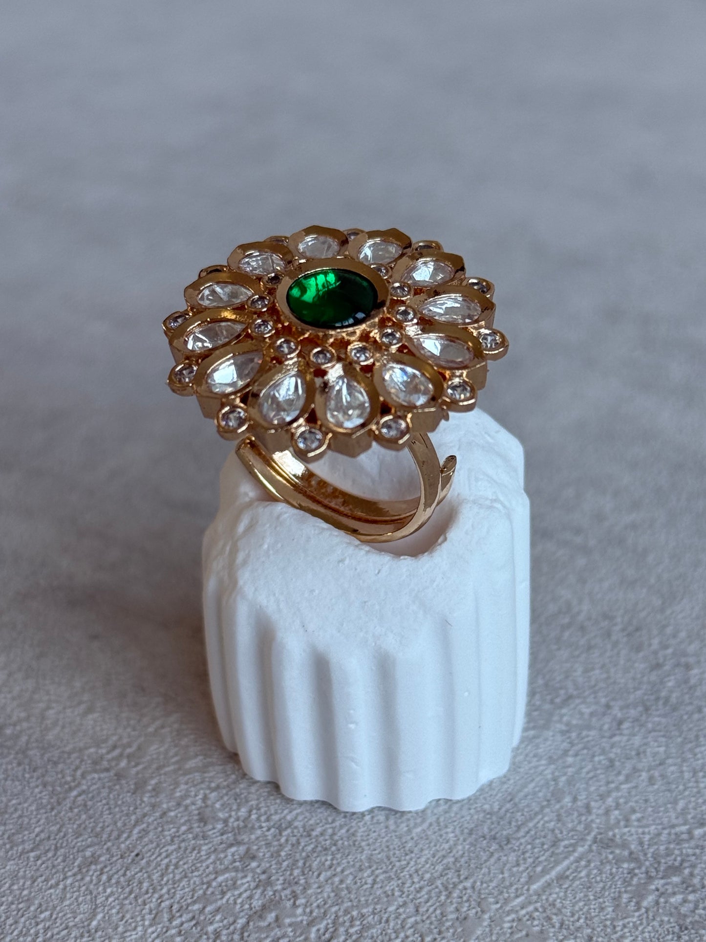 Ayura Designs Luisa Adjustable Ring – Emerald Green Centre Stone with Crystal Petal Detailing
