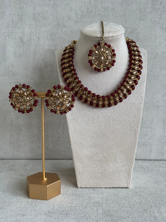 Ayura Designs Hala Set with Tikka & Studs – Maroon Beads & Champagne Kundan