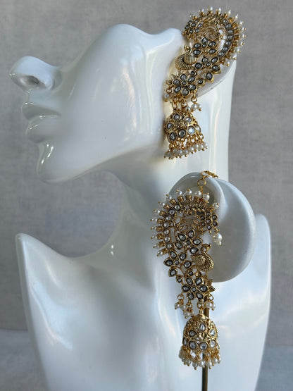 Ayura Designs Nitya Kaanphool Jhumkis – Gold Half Ear Cuff Earrings, Peacock Motifs, Kundan, Ivory Pearl Drops & Sahare