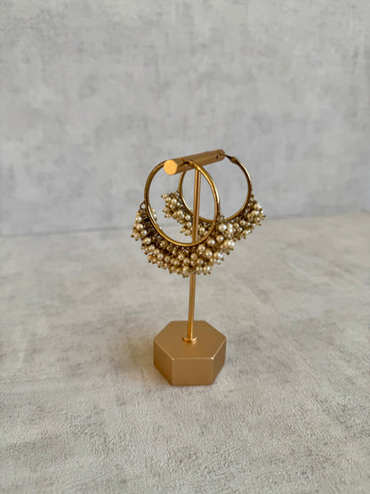 Ayura Designs Sajni Balis – Antique Gold Hoop Earrings with Pearl Cluster Detailing