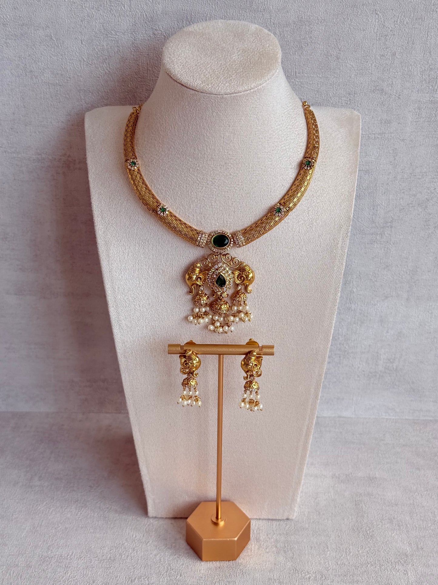 Ayura Designs Wadha Collar Necklace Set with Earrings – Gold Elephant Pendant & Emerald Green Stone Detailing