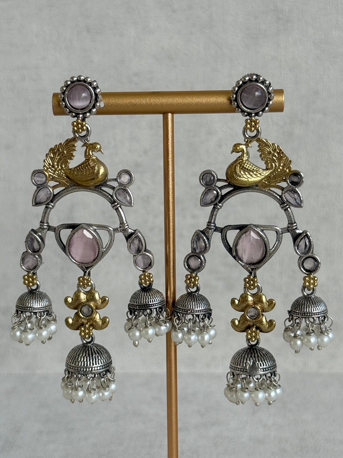 Ayura Designs Mehrza Earrings – Oxidised Peacock Motif Statement Earrings with Pearl Jhumkis & Blush Pink Stones