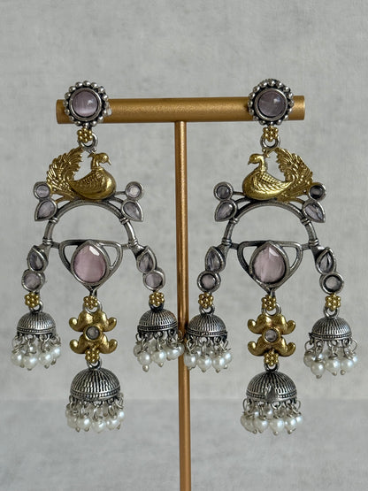 Ayura Designs Mehrza Earrings – Oxidised Peacock Motif Statement Earrings with Pearl Jhumkis & Blush Pink Stones