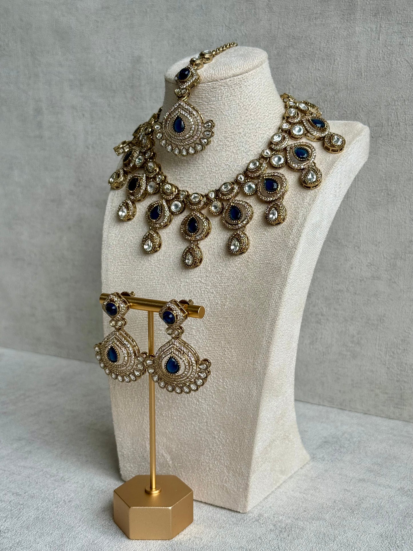 Ayura Designs Sahira Set – Necklace, Earrings & Tikka with Sapphire Blue Stones, Mirror-Cut Detailing & Antique Gold Finish