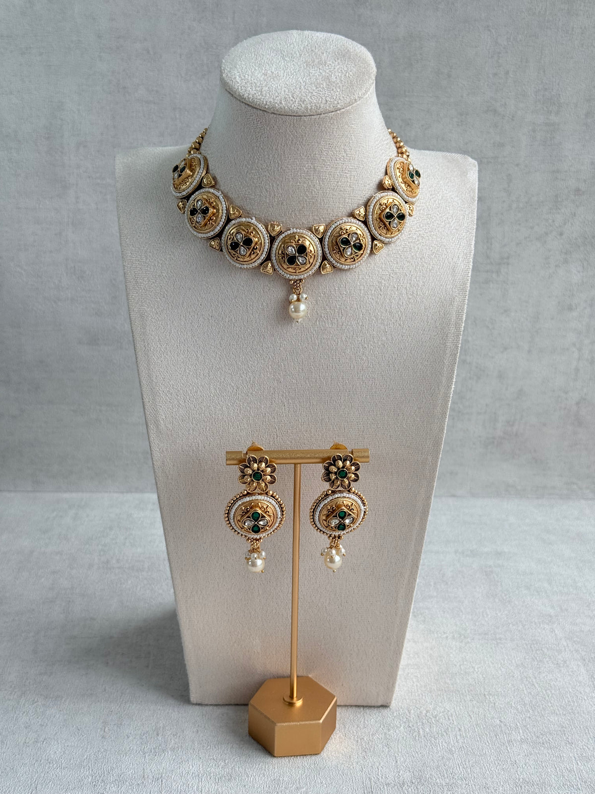 Ayura Designs Kaya Necklace Set with Earrings – Emerald Green Kundan Stones, Pearls & Antique Gold Finish