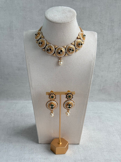 Ayura Designs Kaya Necklace Set with Earrings – Emerald Green Kundan Stones, Pearls & Antique Gold Finish