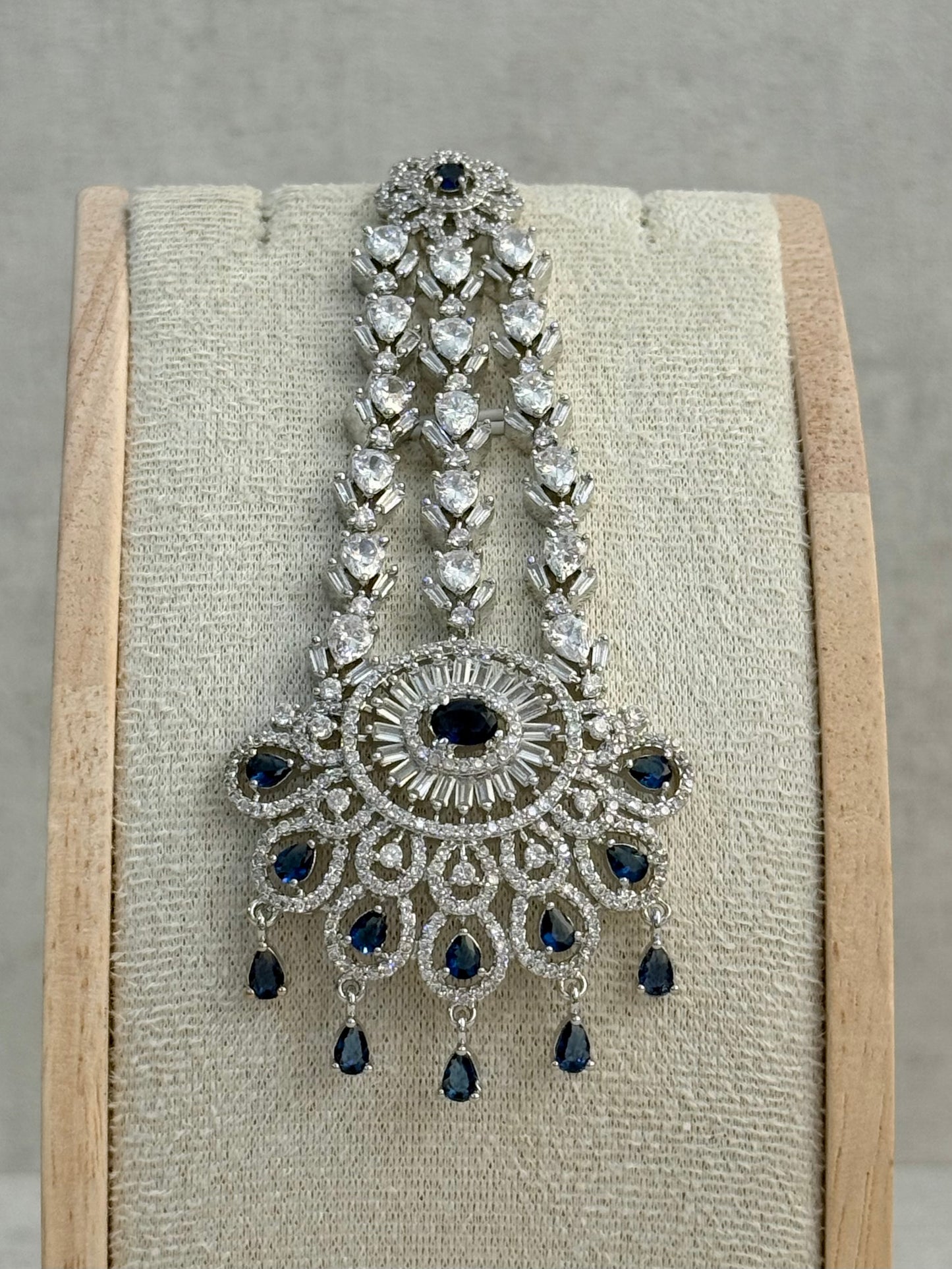 Ayura Designs Anna Jhoomar Passa – Silver Finish with Sapphire Blue Stones & Crystal Detailing