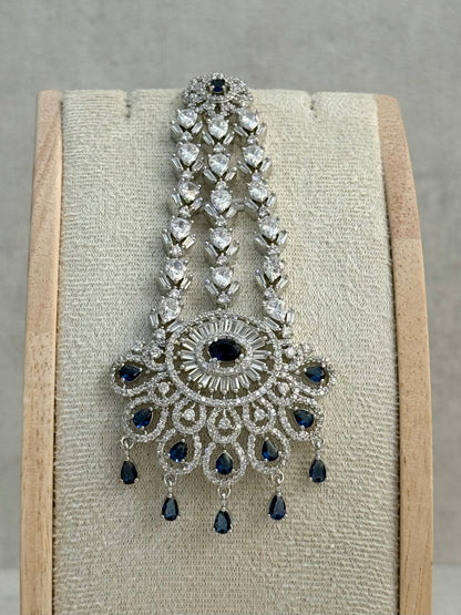 Ayura Designs Anna Jhoomar Passa – Silver Finish with Sapphire Blue Stones & Crystal Detailing