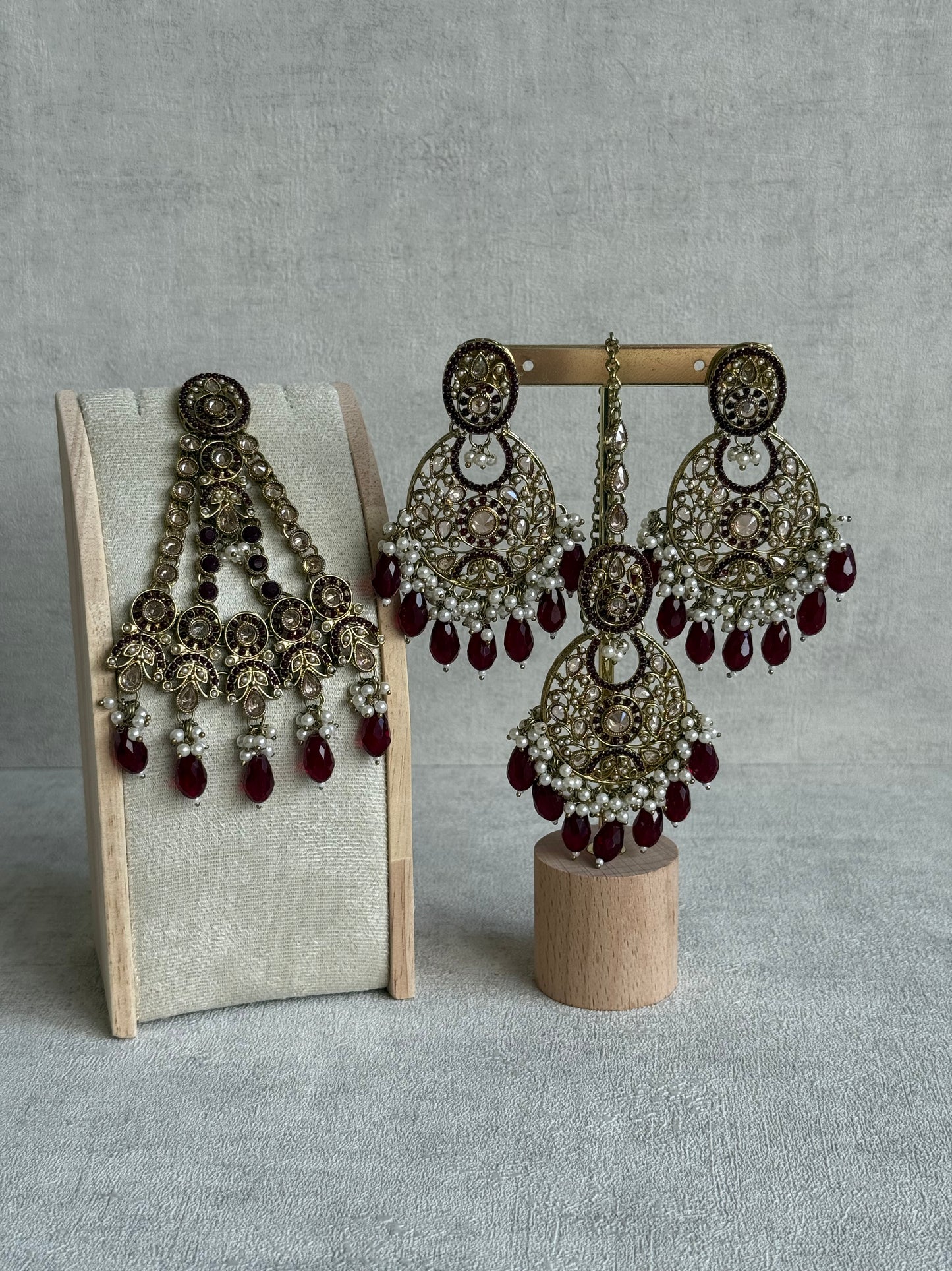 Ayura Designs Almas Tikka Set with Earrings, Tikka & Sahara – Deep Maroon Beads & Antique Gold Finish