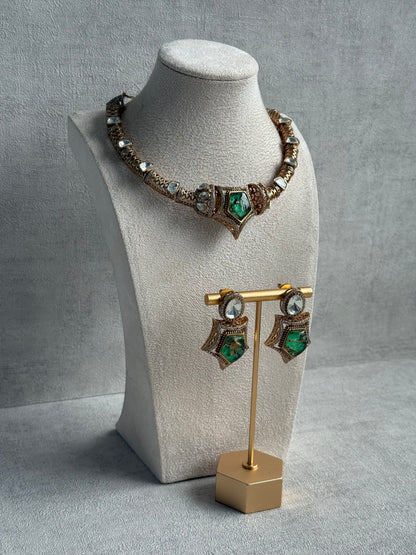 Ayura Designs Krupa Set – Necklace & Earrings with Green Stone featuring Natural Marbling, Mirror-Cut Kundan & Antique Gold Detailing