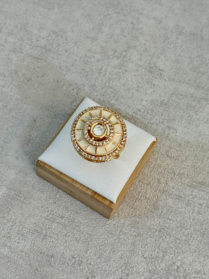 Ayura Designs Maisie Adjustable Ring – Ivory Enamel with Crystal Border & Moissanite Centre