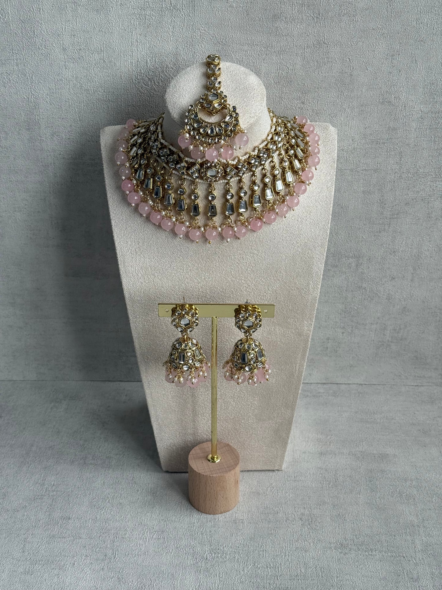 Ayura Designs Shaheen Set with Jhumkis & Tikka – Blush Pink Beads, Mirror Kundan & Gold Finish