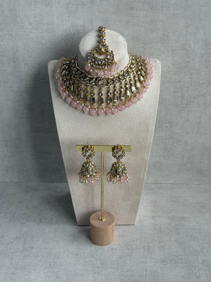 Ayura Designs Shaheen Set with Jhumkis & Tikka – Blush Pink Beads, Mirror Kundan & Gold Finish