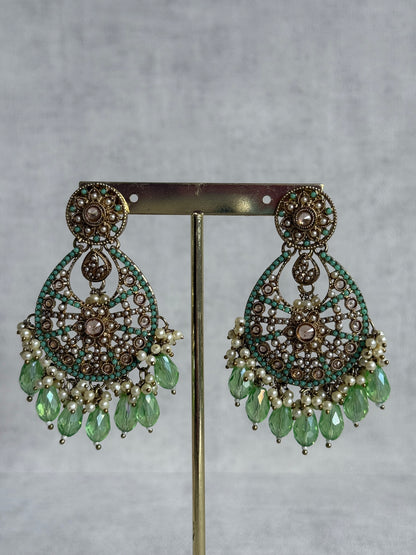 Ayura Designs Gaya Tikka Set with Earrings, Tikka & Sahara – Antique Gold with Pistachio Green Beads, Pearls & Mirror-Cut Stones